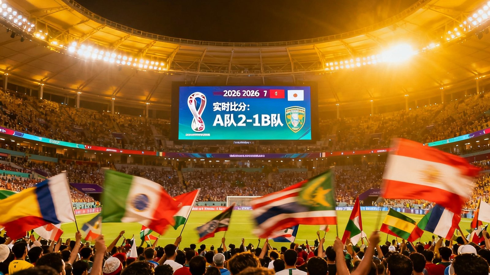 2026世界杯全景球场灯光璀璨，球迷挥舞旗帜，大屏显示实时比分